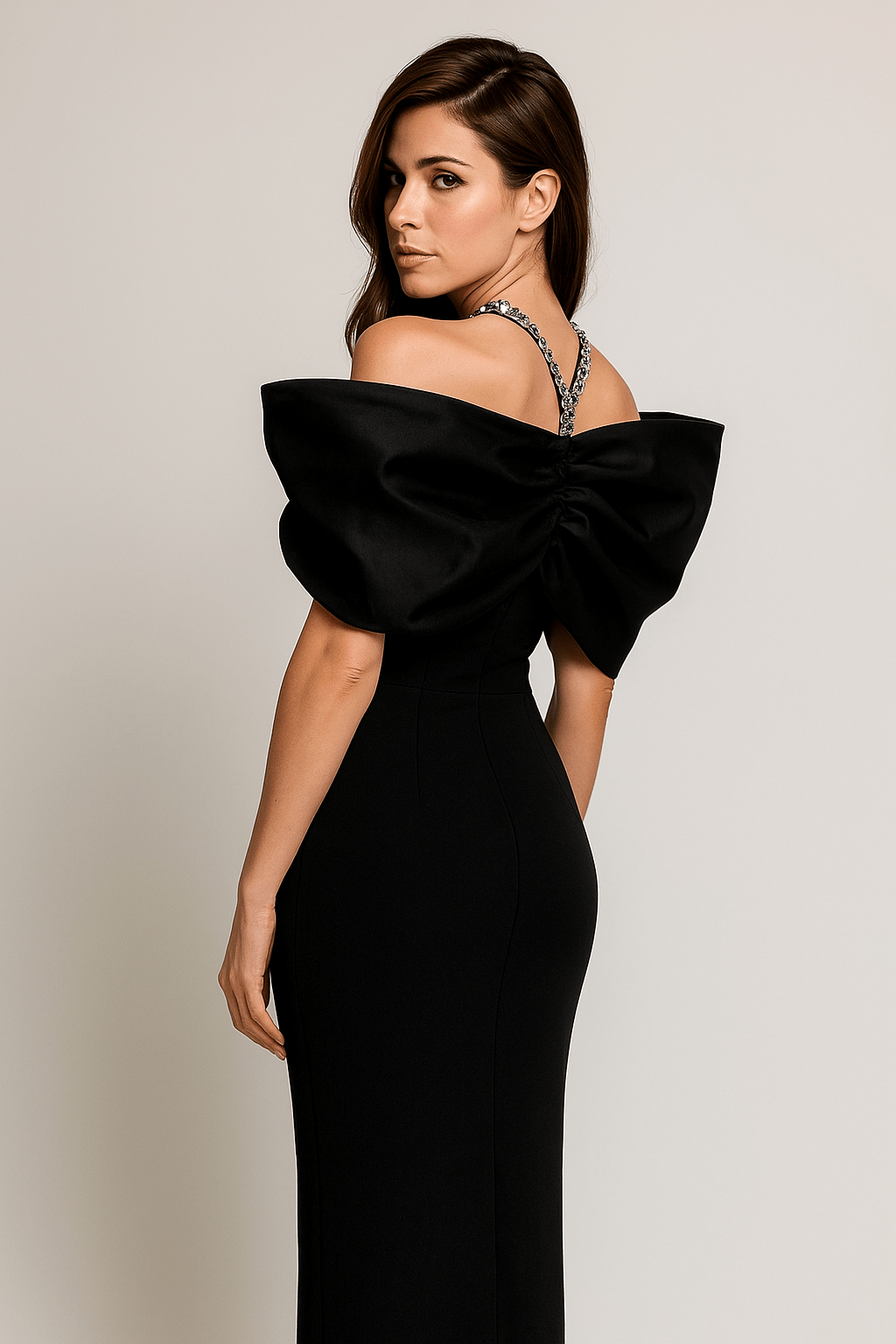Noir Elise Rhinestone Bow Maxi Gown by Luxe Lane | Maxi Evening Dress from Luxe Lane | SKU: -1 | Barcode:  | Options: Black S | Noir Elise Rhinestone Bow Maxi Gown
