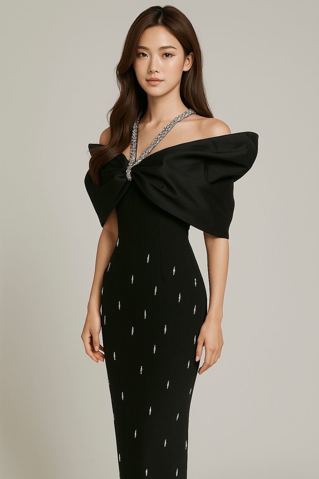 Noir Elise Rhinestone Bow Maxi Gown by Luxe Lane | Maxi Evening Dress from Luxe Lane | SKU: -1 | Barcode:  | Options: Black S | Noir Elise Rhinestone Bow Maxi Gown