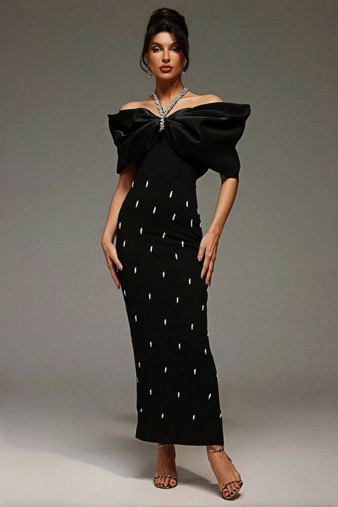 Noir Elise Rhinestone Bow Maxi Gown by Luxe Lane | Maxi Evening Dress from Luxe Lane | SKU: -1 | Barcode:  | Options: Black S | Luxury Black Maxi Dress Rhinestone V Neckline Bow Off the Shoulder Evening Party Wear Formal Gown for Gala Dinners Red Carpet