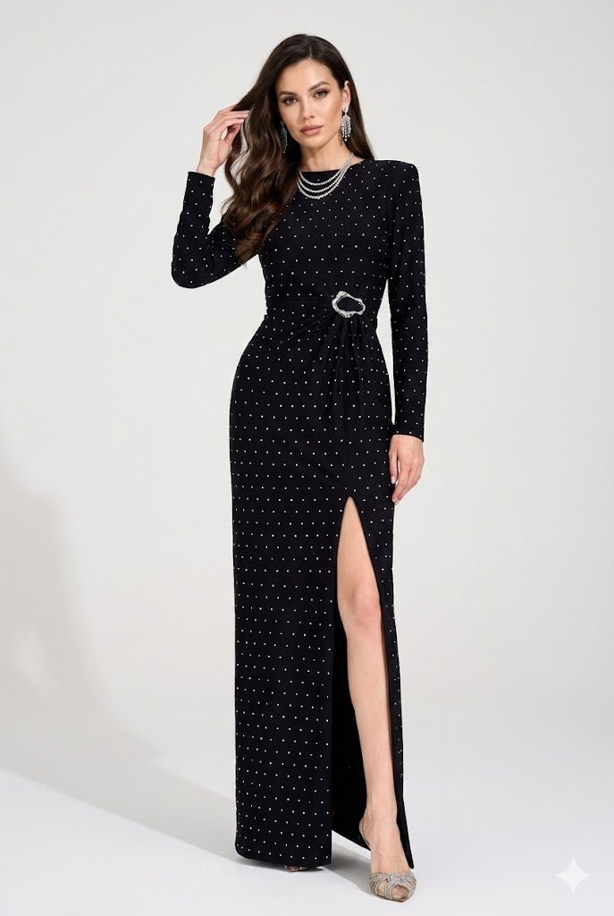 Noir Polka Belted Maxi DressEvening DressesBlackS(2)Luxe Lane