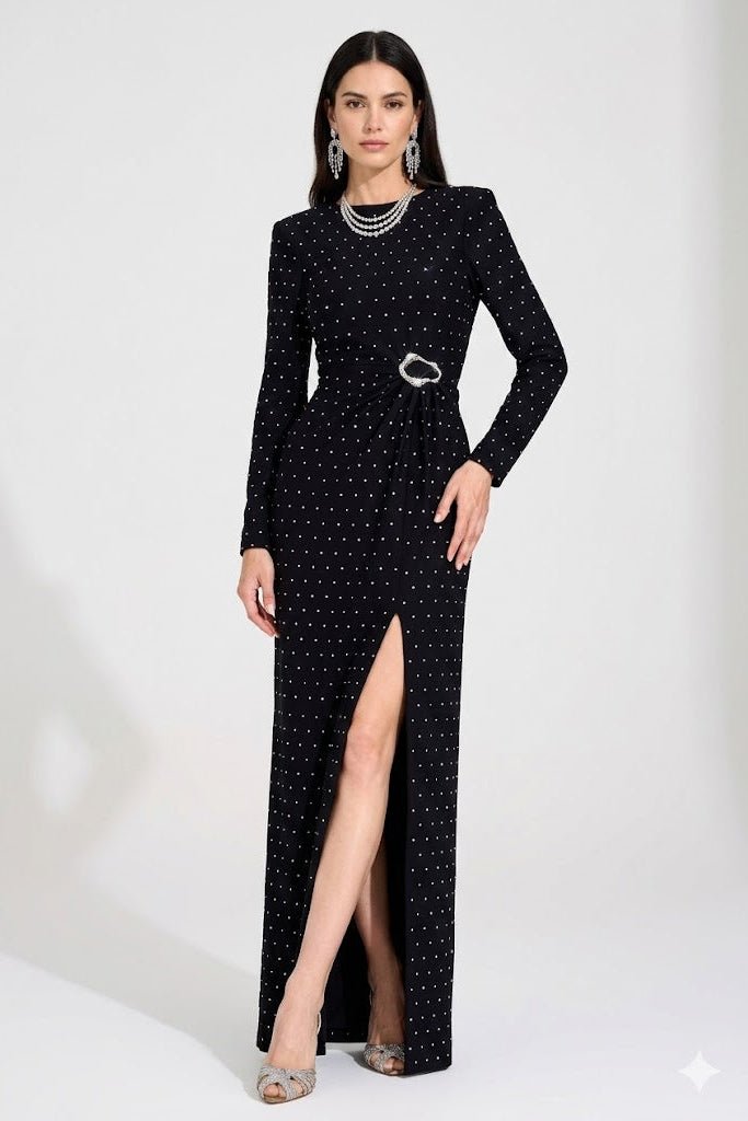 Noir Polka Belted Maxi DressEvening DressesBlackS(2)Luxe Lane