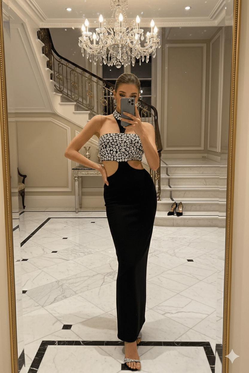 Noire Crystal Halter Neck Bodycon Evening Gownsheath gownBlackS(2)blackLuxe Lane