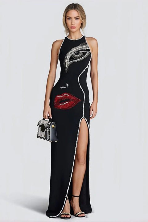 Noire Visage Pearl - Trim Maxi Gown by Luxe Lane | heath gown from Luxe Lane | SKU:  | Barcode:  | Options: Black S | Robe Longue Pour Femmes Women Lady Elegant Black Maxi Dresses Pearl Edged Rhinestone Face Design High Slit Bandage Evening Gown