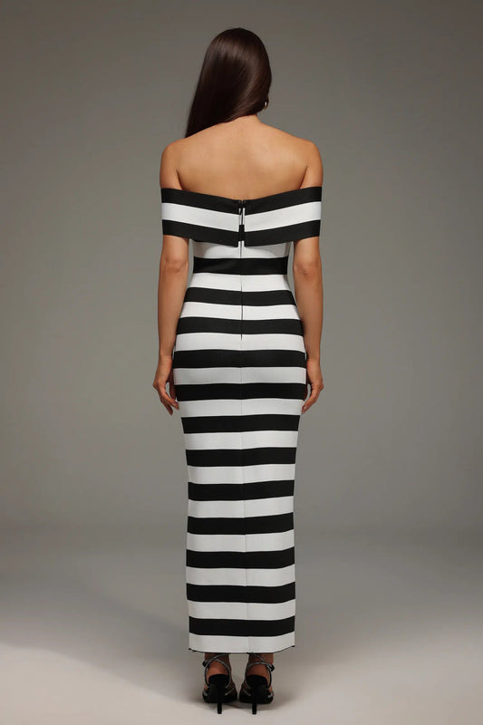 Noirelle Off - Shoulder Button Bandage Maxi Dress by Luxe Lane | from Luxe Lane | SKU: -1 | Barcode:  | Options: Black white S(2) | Noirelle Off - Shoulder Button Bandage Maxi Dress