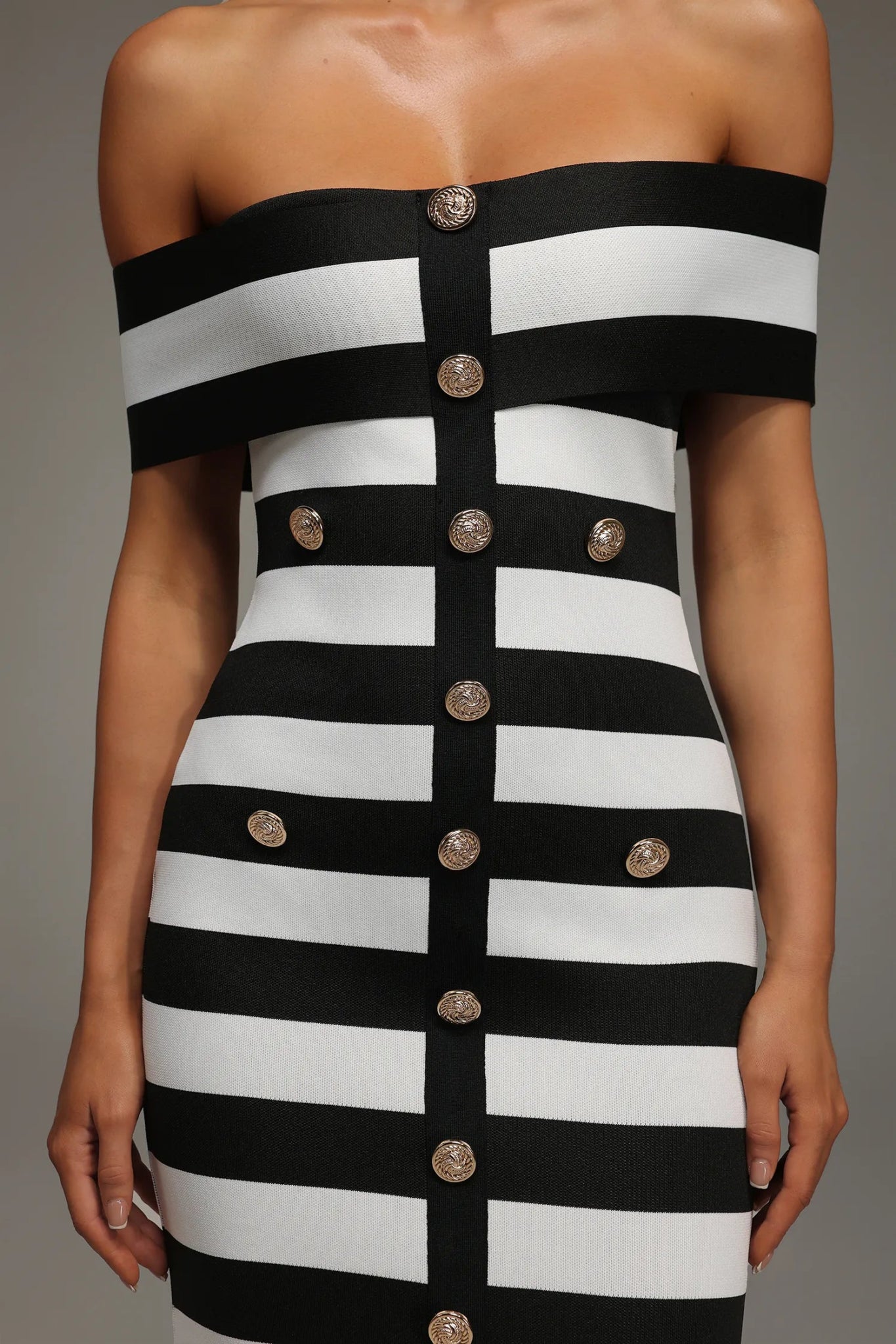 Noirelle Off - Shoulder Button Bandage Maxi Dress by Luxe Lane | from Luxe Lane | SKU: -1 | Barcode:  | Options: Black white S(2) | Noirelle Off - Shoulder Button Bandage Maxi Dress