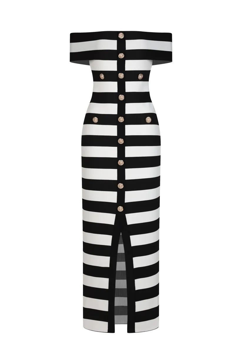 Noirelle Off - Shoulder Button Bandage Maxi Dress by Luxe Lane | from Luxe Lane | SKU: -1 | Barcode:  | Options: Black white S(2) | Black and white striped dress with button details on a white background
