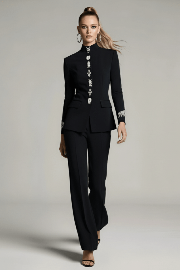 Novara Black Rhinestone Blazer & Pants Set by Shine | Blazer from Luxe Lane | SKU:  | Barcode:  | Options: Black S | Novara Black Rhinestone Blazer & Pants Set