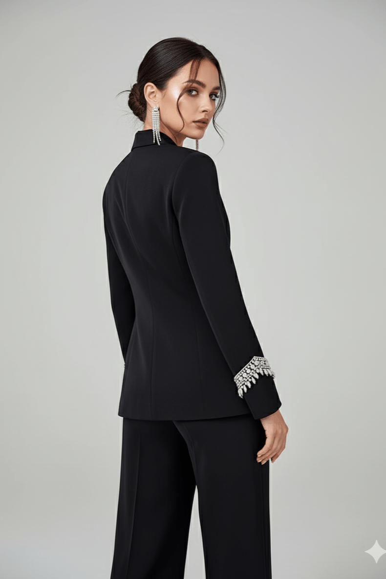 Novara Black Rhinestone Blazer & Pants Set by Shine | Blazer from Luxe Lane | SKU:  | Barcode:  | Options: Black S | Novara Black Rhinestone Blazer & Pants Set