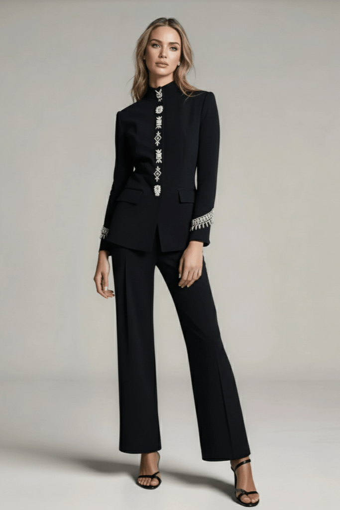 Novara Black Rhinestone Blazer & Pants Set by Shine | Blazer from Luxe Lane | SKU:  | Barcode:  | Options: Black S | Novara Black Rhinestone Blazer & Pants Set