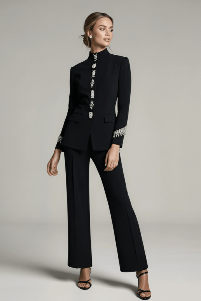 Novara Black Rhinestone Blazer & Pants Set by Shine | Blazer from Luxe Lane | SKU:  | Barcode:  | Options: Black S | Novara Black Rhinestone Blazer & Pants Set