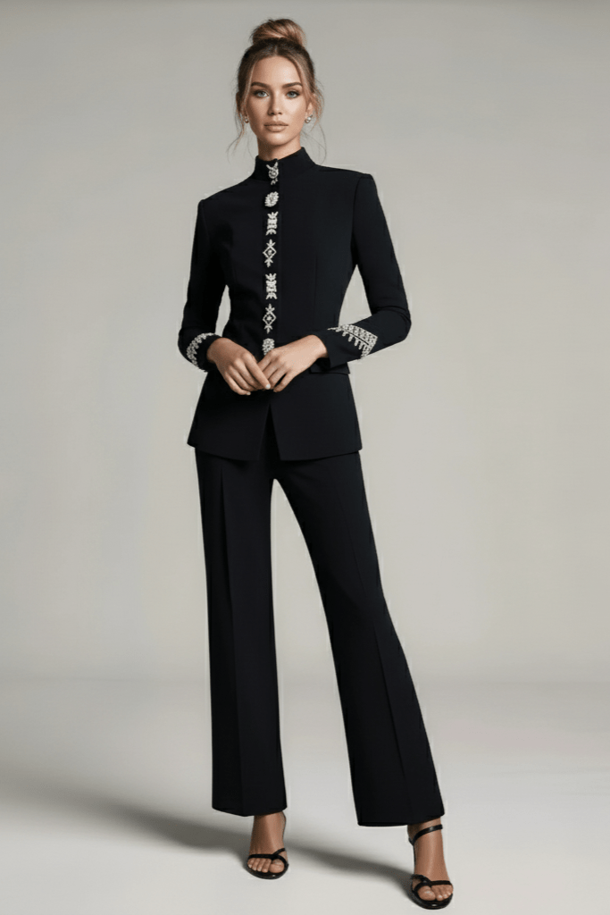 Novara Black Rhinestone Blazer & Pants Set by Shine | Blazer from Luxe Lane | SKU:  | Barcode:  | Options: Black S | Novara Black Rhinestone Blazer & Pants Set
