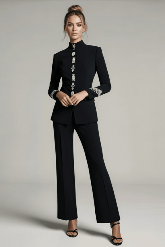Novara Black Rhinestone Blazer & Pants Set by Shine | Blazer from Luxe Lane | SKU:  | Barcode:  | Options: Black S | Novara Black Rhinestone Blazer & Pants Set