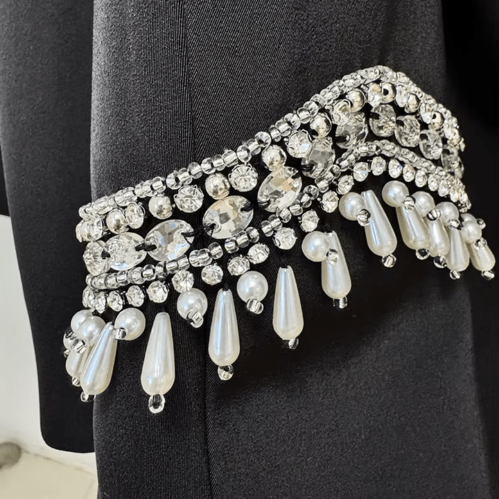 Novara Black Rhinestone Blazer & Pants Set by Shine | Blazer from Luxe Lane | SKU:  | Barcode:  | Options: Black S | Black Rhinestone Embellished Blazer Pants Set Elegant Formal Office Business Party Suit Set Manufacturers for Custom Clothes Set