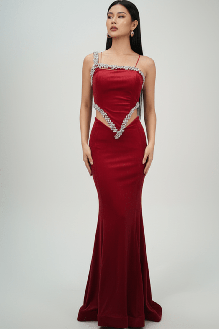 Novara Crystal Velvet Mermaid Gown by Luxe Lane | Party dresses from Luxe Lane | SKU: -4 | Barcode:  | Options: Red S | Woman wearing a red evening gown with silver embellishments on a gray background