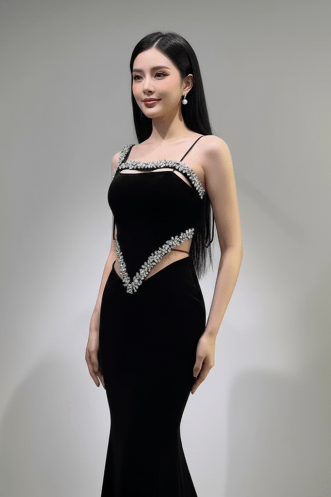 Novara Crystal Velvet Mermaid Gown by Luxe Lane | Party dresses from Luxe Lane | SKU: -4 | Barcode:  | Options: Red S | Woman wearing a black evening gown with silver embellishments against a gray background