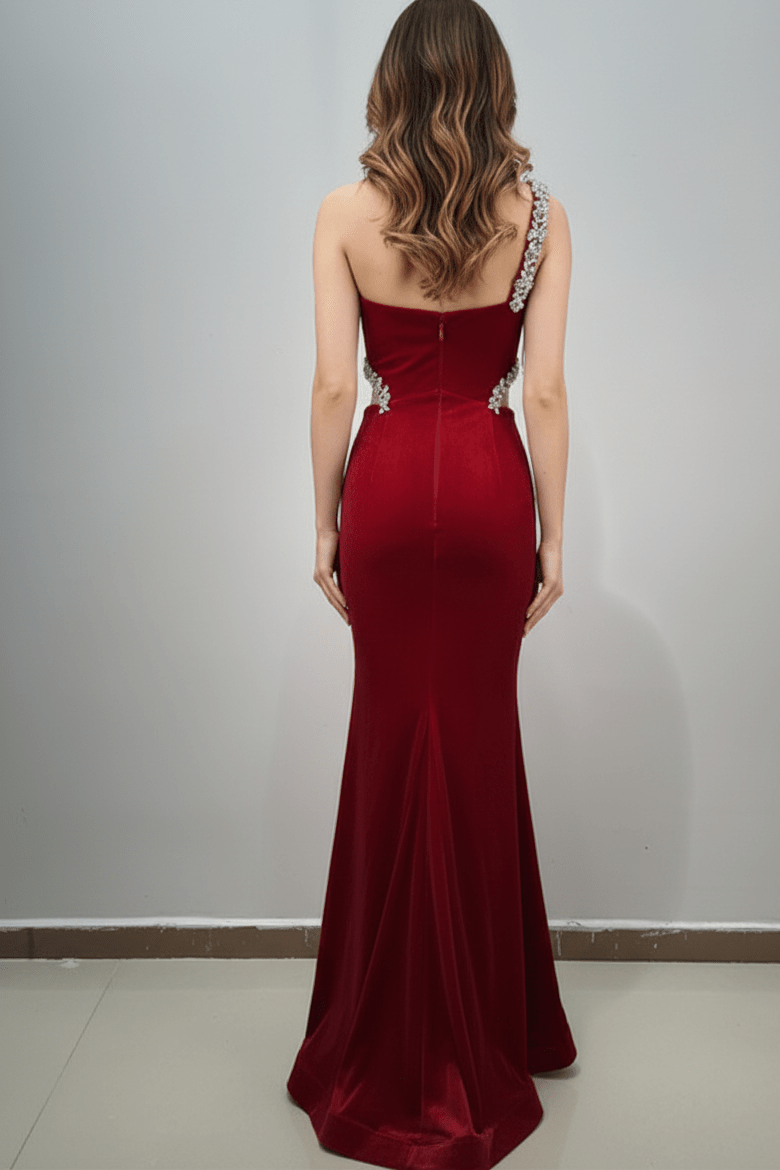 Novara Crystal Velvet Mermaid Gown by Luxe Lane | Party dresses from Luxe Lane | SKU: -4 | Barcode:  | Options: Red S | Red evening gown with beaded straps worn by a model against a plain background