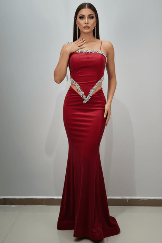 Novara Crystal Velvet Mermaid Gown by Luxe Lane | Party dresses from Luxe Lane | SKU:  | Barcode:  | Options: Black S | Woman wearing a red evening gown with a white background