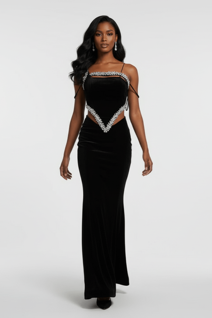 Novara Crystal Velvet Mermaid Gown by Luxe Lane | Party dresses from Luxe Lane | SKU:  | Barcode:  | Options: Black S | Woman wearing a black evening gown with silver embellishments on a white background