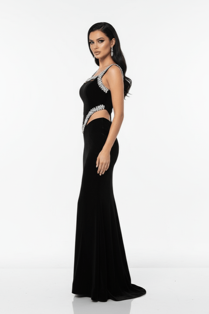 Novara Crystal Velvet Mermaid Gown by Luxe Lane | Party dresses from Luxe Lane | SKU:  | Barcode:  | Options: Black S | Black evening gown with silver embellishments on a white background