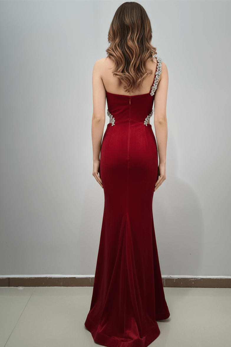 Novara Crystal Velvet Mermaid Gown by Luxe Lane | Party dresses from Luxe Lane | SKU:  | Barcode:  | Options: Black S | Red evening gown with beaded straps worn by a model against a plain background