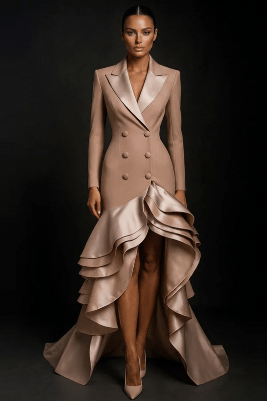 Nude Ruffle Blazer Maxi DressEvening DressesKhakiSLuxe Lane