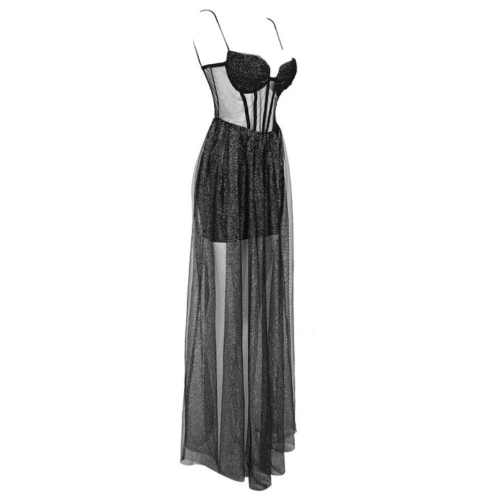 Nyra Noir Sheer Glitter Mesh Corset Gown by Luxe Lane | Dresses from Luxe Lane | SKU: -1 | Barcode:  | Options: Black XS | Sexy Black Mesh Pleated Long Dress Glitter Sheer Gown Corset Bodycon Prom Outfit for Evening Party