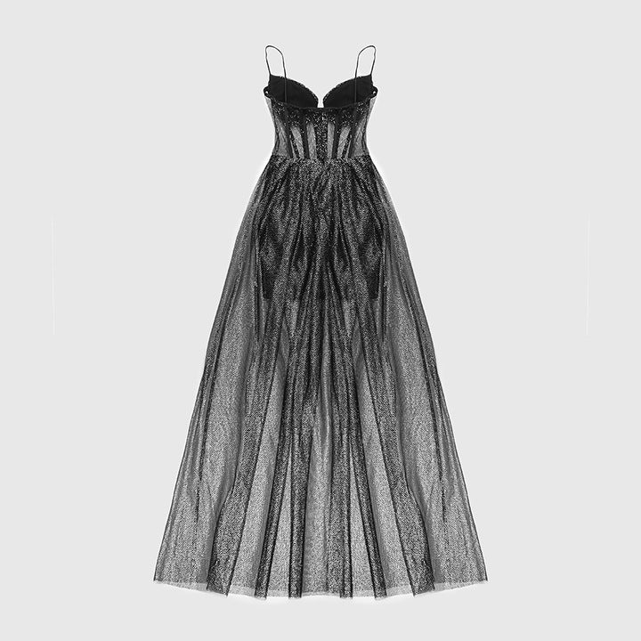 Nyra Noir Sheer Glitter Mesh Corset Gown by Luxe Lane | Dresses from Luxe Lane | SKU: -1 | Barcode:  | Options: Black XS | Sexy Black Mesh Pleated Long Dress Glitter Sheer Gown Corset Bodycon Prom Outfit for Evening Party