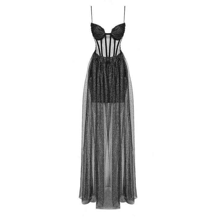 Nyra Noir Sheer Glitter Mesh Corset Gown by Luxe Lane | Dresses from Luxe Lane | SKU: -1 | Barcode:  | Options: Black XS | Sexy Black Mesh Pleated Long Dress Glitter Sheer Gown Corset Bodycon Prom Outfit for Evening Party