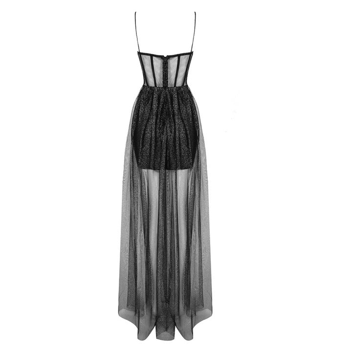 Nyra Noir Sheer Glitter Mesh Corset Gown by Luxe Lane | Dresses from Luxe Lane | SKU: -1 | Barcode:  | Options: Black XS | Sexy Black Mesh Pleated Long Dress Glitter Sheer Gown Corset Bodycon Prom Outfit for Evening Party