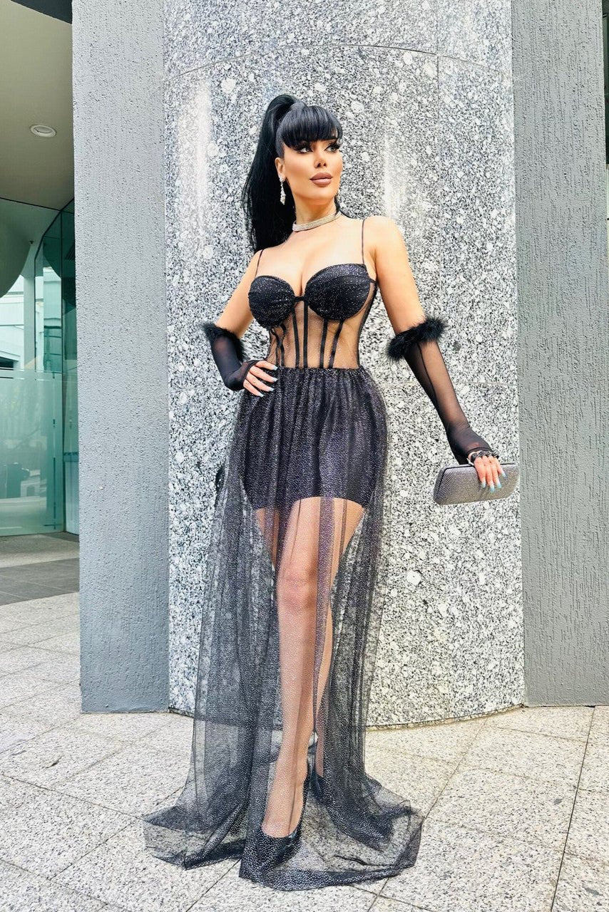 Nyra Noir Sheer Glitter Mesh Corset Gown by Luxe Lane | Dresses from Luxe Lane | SKU: -1 | Barcode:  | Options: Black XS | Nyra Noir Sheer Glitter Mesh Corset Gown