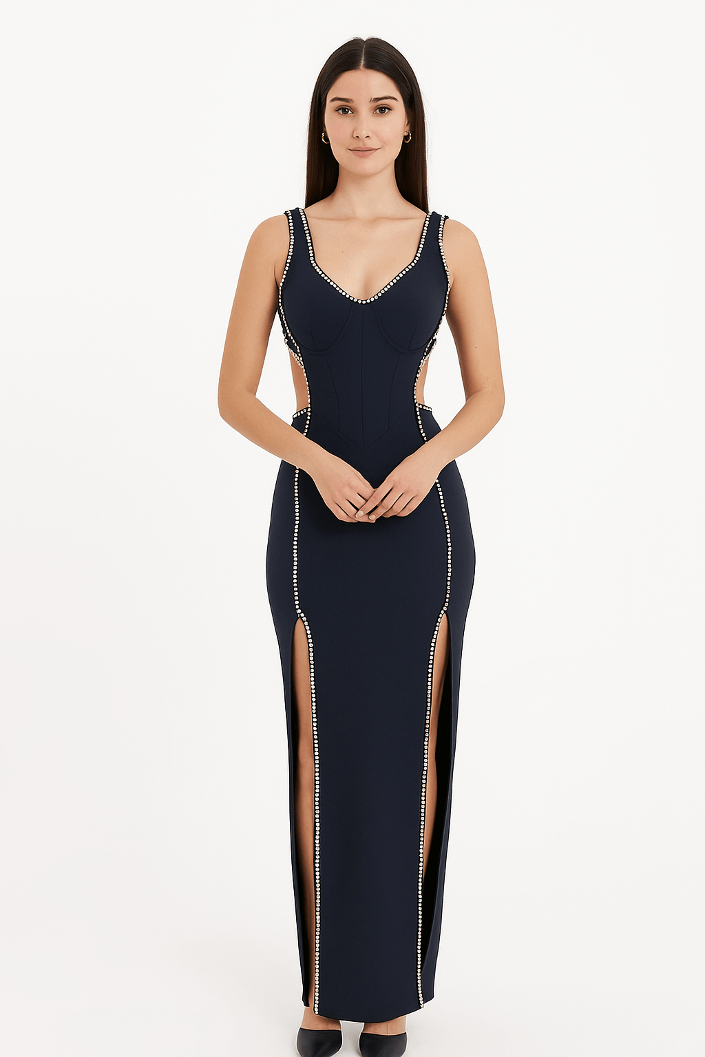 Odessa Rhinestone Cut - Out Maxi Gown by Shine | heath gown from Luxe Lane | SKU: -1 | Barcode:  | Options: Black XS | Odessa Rhinestone Cut - Out Maxi Gown