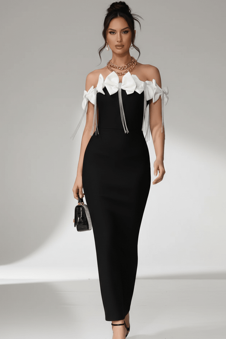 Off - Shoulder Mermaid Maxi Evening Dress with Bow & Rhinestone TasselParty dressesBlackS(6)Luxe Lane