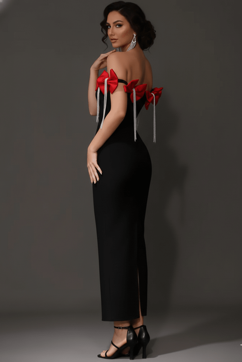 Off - Shoulder Mermaid Maxi Evening Dress with Bow & Rhinestone TasselParty dressesBlackS(6)Luxe Lane