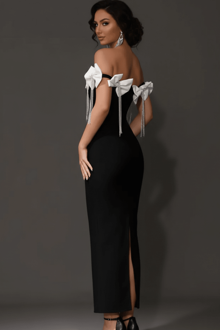 Off - Shoulder Mermaid Maxi Evening Dress with Bow & Rhinestone TasselParty dressesRedS(6)Luxe Lane