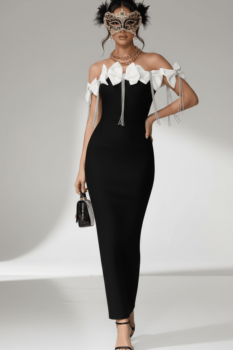 Off - Shoulder Mermaid Maxi Evening Dress with Bow & Rhinestone TasselParty dressesRedS(6)Luxe Lane