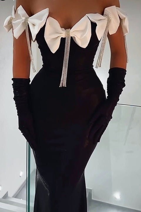 Off - Shoulder Mermaid Maxi Evening Dress with Bow & Rhinestone TasselParty dressesRedS(6)Luxe Lane