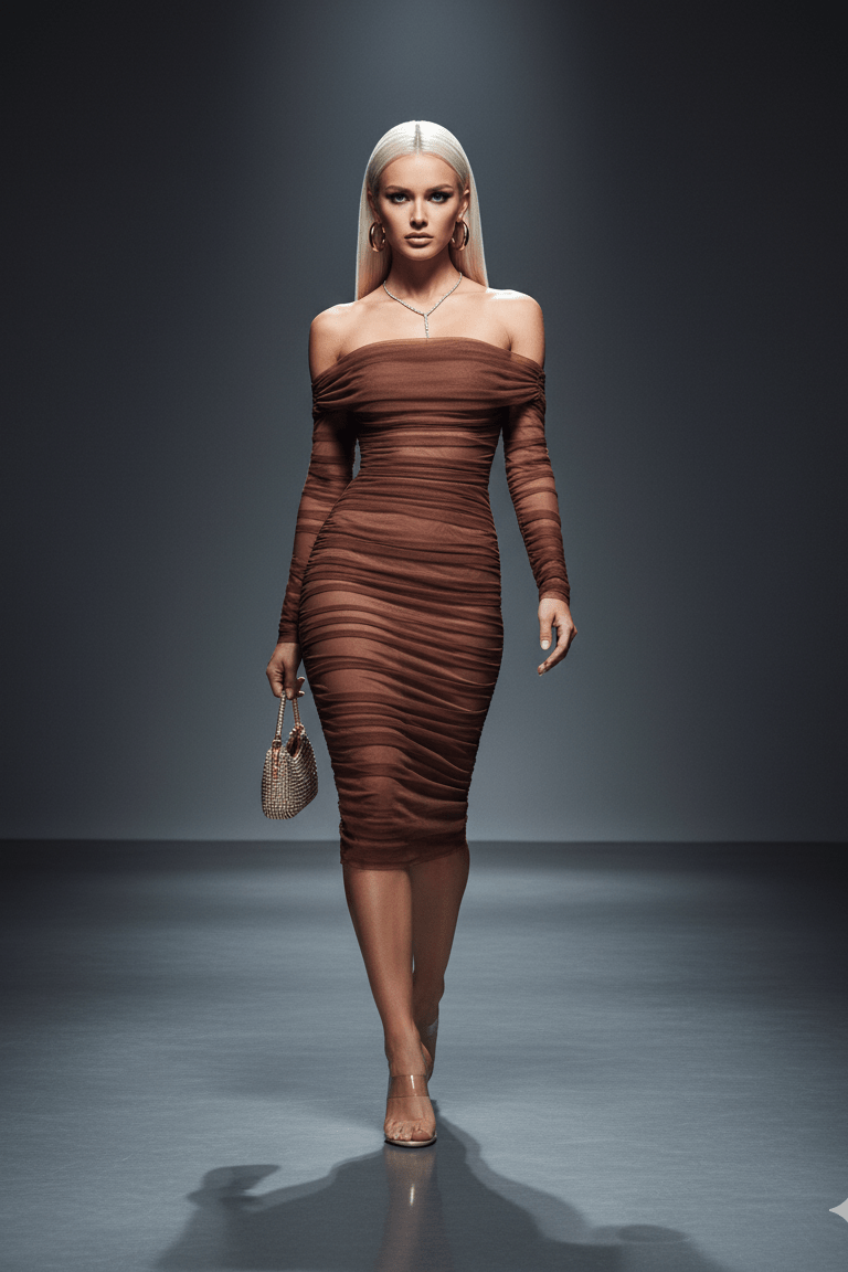 Off Shoulder Mesh Ruched Midi Dress by Shine | from Luxe Lane | SKU:  | Barcode:  | Options: Brown XS(4) | Off Shoulder Mesh Ruched Midi Dress