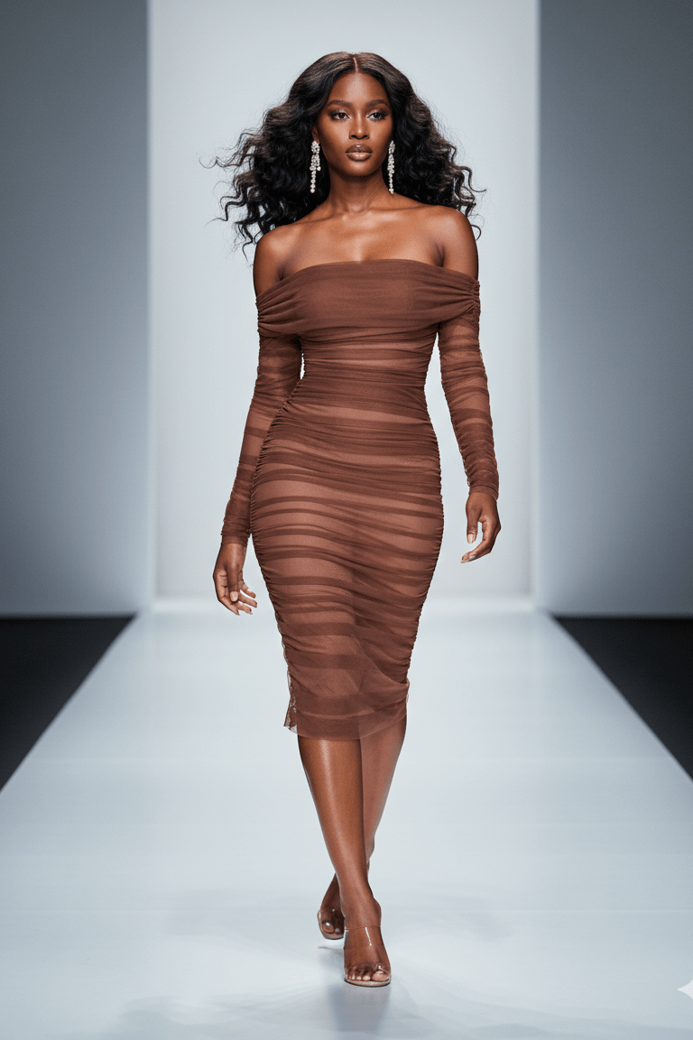 Off Shoulder Mesh Ruched Midi Dress by Shine | from Luxe Lane | SKU:  | Barcode:  | Options: Brown XS(4) | Off Shoulder Mesh Ruched Midi Dress