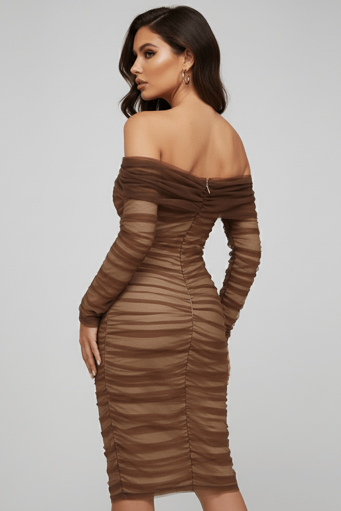 Off Shoulder Mesh Ruched Midi Dress by Shine | from Luxe Lane | SKU:  | Barcode:  | Options: Brown XS(4) | Off Shoulder Mesh Ruched Midi Dress