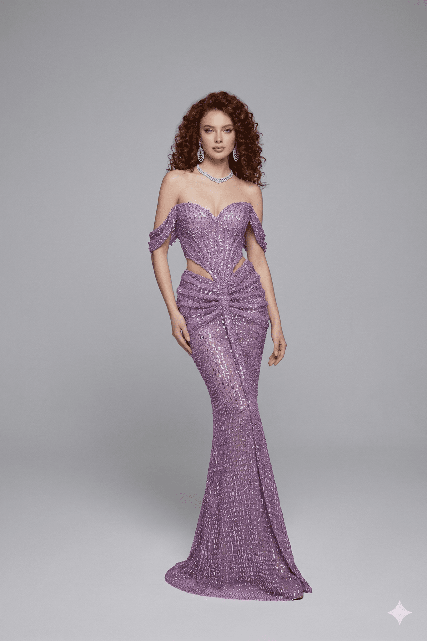 Off - Shoulder Purple Sequin Mermaid Evening Gown by Luxe Lane | Ball gown from Luxe Lane | SKU:  | Barcode:  | Options: Violet S(6) | Woman wearing a sparkling purple evening gown on a gray background