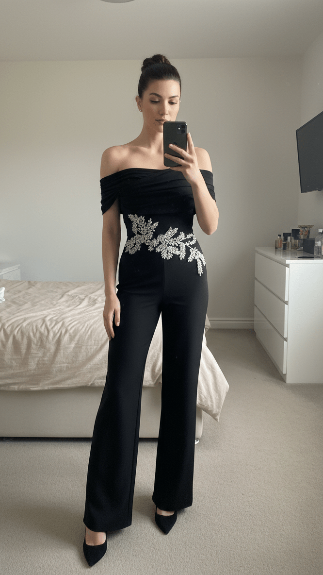 Off - Shoulder Rhinestone Wide - Leg Party JumpsuitJumpsuitBlackS(2)Luxe Lane