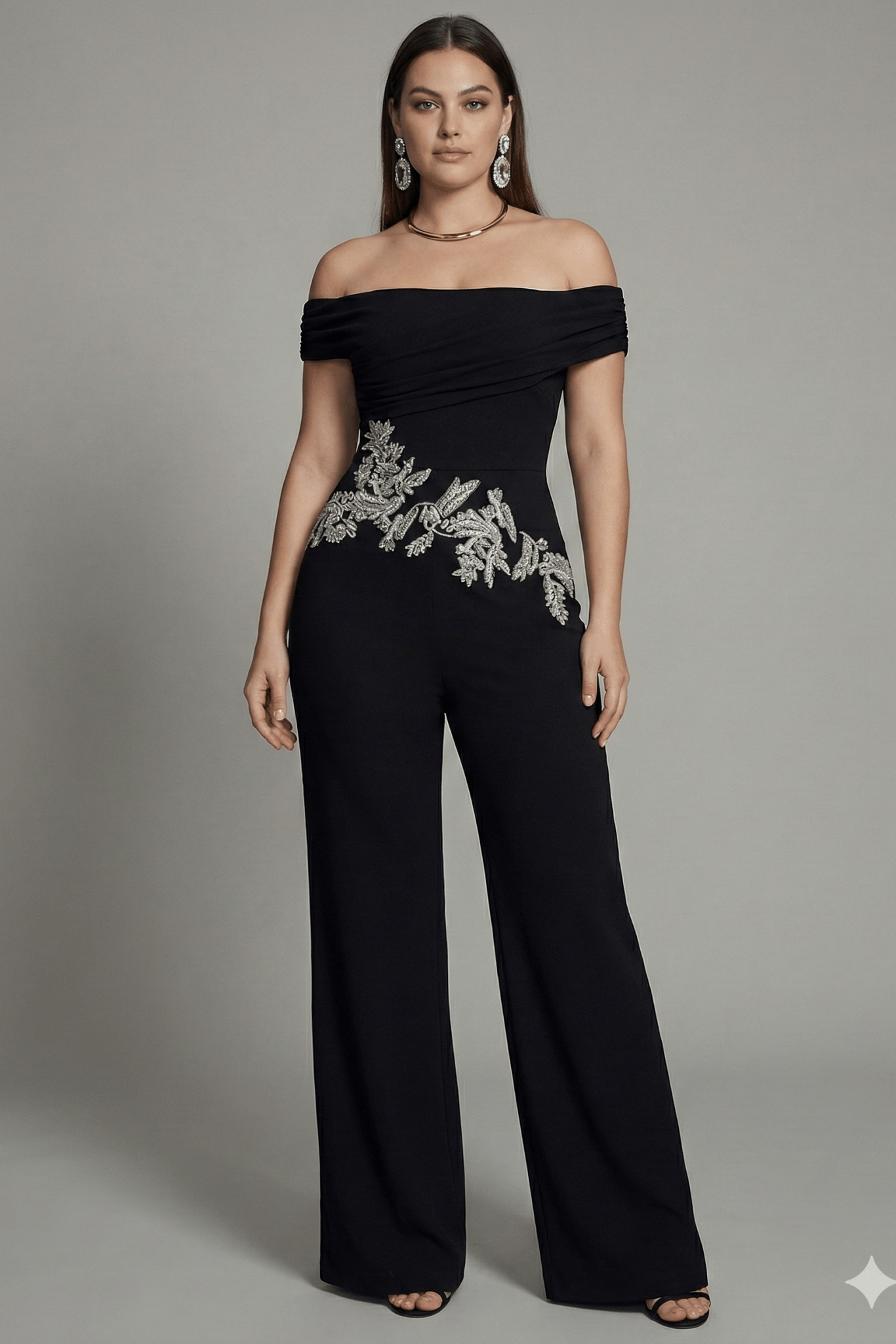 Off - Shoulder Rhinestone Wide - Leg Party Jumpsuit by Shine | Jumpsuit from Luxe Lane | SKU: -1 | Barcode:  | Options: Black S(2) | Black off - shoulder jumpsuit with silver embroidery on a gray background