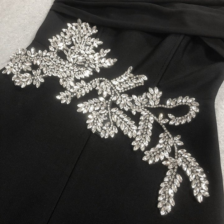 Off - Shoulder Rhinestone Wide - Leg Party Jumpsuit by Shine | Jumpsuit from Luxe Lane | SKU: -1 | Barcode:  | Options: Black S(2) | Wholesale Boutique Women's Clothing Black Off Shoulder Jumpsuit Rhinestone Bodycon Wide Leg Formal Party Jumpsuit for Women