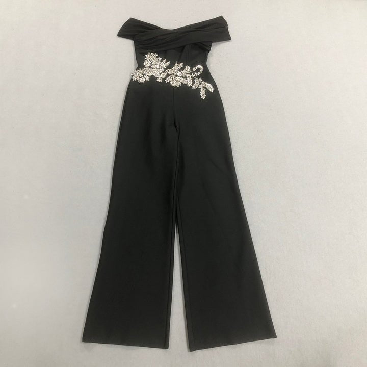 Off - Shoulder Rhinestone Wide - Leg Party Jumpsuit by Shine | Jumpsuit from Luxe Lane | SKU: -1 | Barcode:  | Options: Black S(2) | Wholesale Boutique Women's Clothing Black Off Shoulder Jumpsuit Rhinestone Bodycon Wide Leg Formal Party Jumpsuit for Women