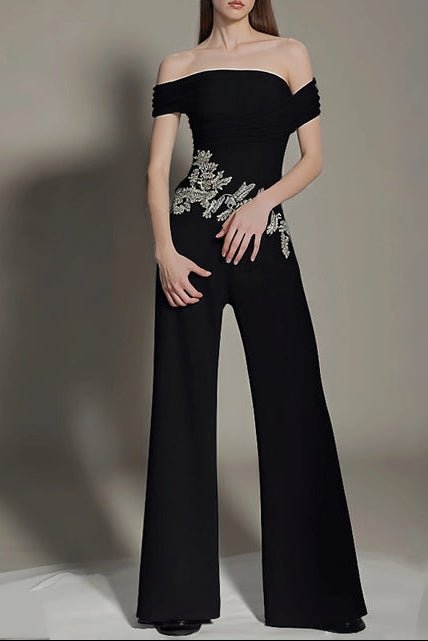 Off - Shoulder Rhinestone Wide - Leg Party Jumpsuit by Shine | Jumpsuit from Luxe Lane | SKU: -1 | Barcode:  | Options: Black S(2) | Wholesale Boutique Women's Clothing Black Off Shoulder Jumpsuit Rhinestone Bodycon Wide Leg Formal Party Jumpsuit for Women