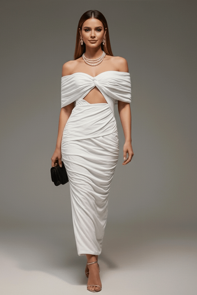 Off - Shoulder Ruched Bodycon Maxi Dress by Shine | Party dresses from Luxe Lane | SKU: HD10312-1 | Barcode:  | Options: White S(6) | Off - Shoulder Ruched Bodycon Maxi Dress