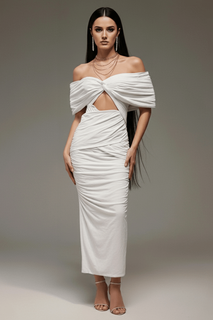 Off - Shoulder Ruched Bodycon Maxi Dress by Shine | Party dresses from Luxe Lane | SKU: HD10312-1 | Barcode:  | Options: White S(6) | Off - Shoulder Ruched Bodycon Maxi Dress