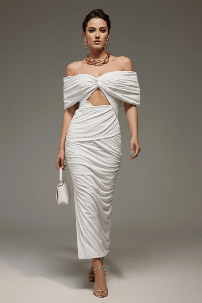 Off - Shoulder Ruched Bodycon Maxi Dress by Shine | Party dresses from Luxe Lane | SKU: HD10312-1 | Barcode:  | Options: White S(6) | Off - Shoulder Ruched Bodycon Maxi Dress