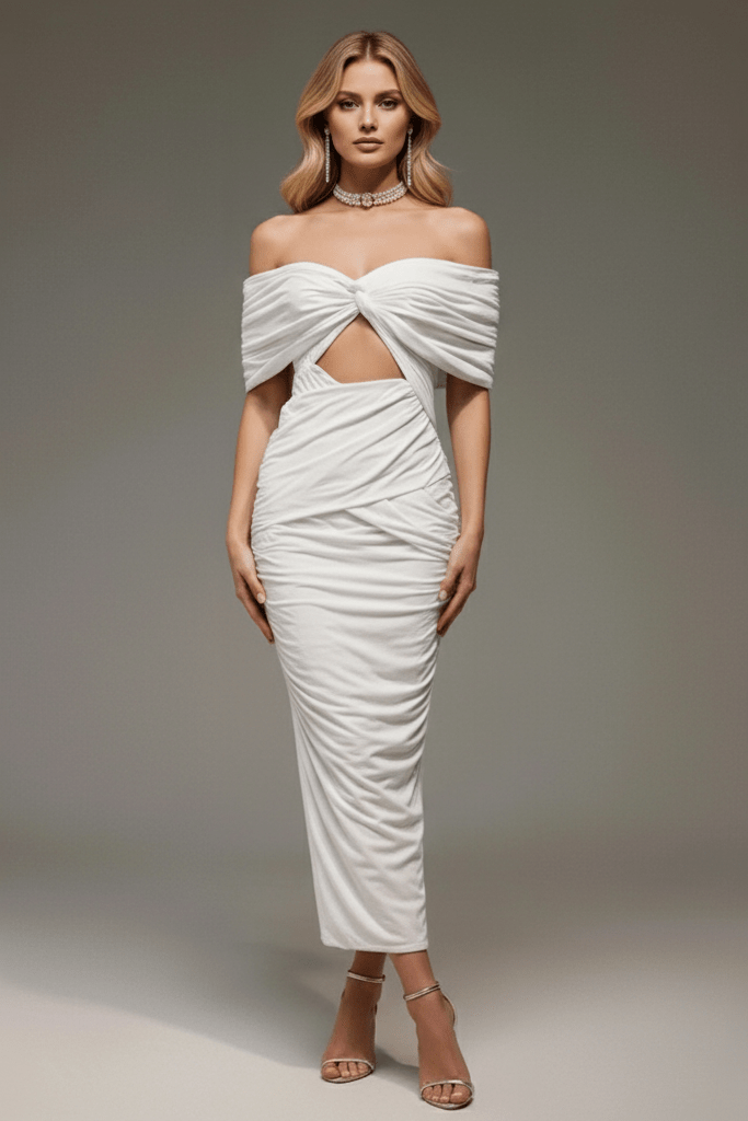 Off - Shoulder Ruched Bodycon Maxi Dress by Shine | Party dresses from | SKU: HD10312-1 | :  | : White S(6) | Off - Shoulder Ruched Bodycon Maxi Dress