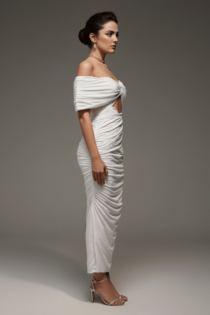 Off - Shoulder Ruched Bodycon Maxi Dress by Shine | Party dresses from Luxe Lane | : -1 | Barcode:  | Options: White S(6) | Off - Shoulder Ruched Bodycon Maxi Dress